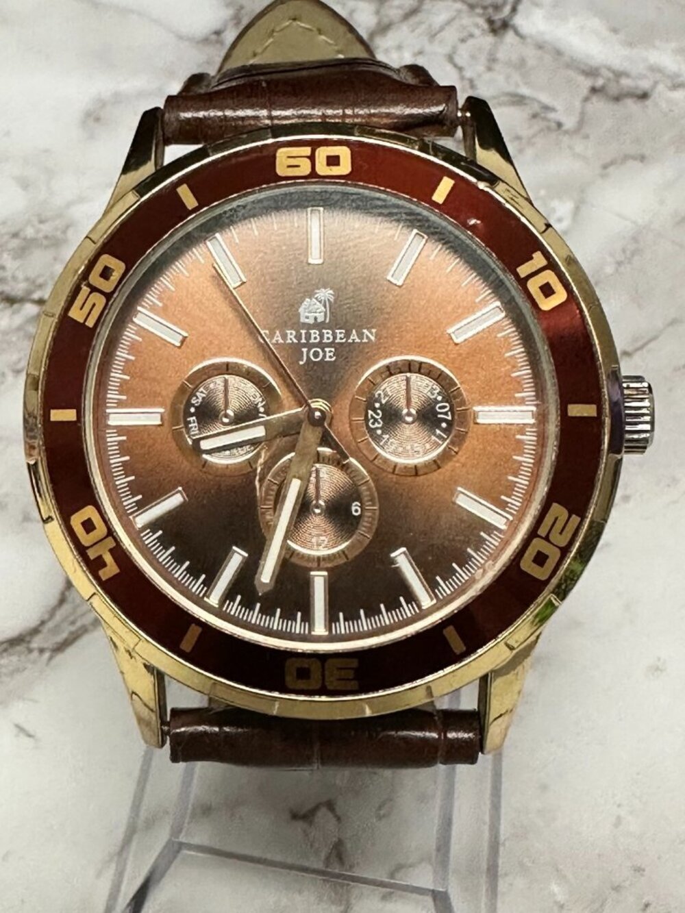 Caribbean Joe Watch Men Gold Tone Faux Leather Brown Strap New Battery 10"